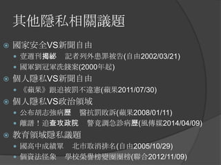 其他隱私相關議題
 國家安全VS新聞自由
 壹週刊揭祕 記者列外患罪被告(自由2002/03/21)
 國軍劉冠軍洗錢案(2000年起)
 個人隱私VS新聞自由
 《蘋果》跟追被罰不違憲(蘋果2011/07/30)
 個人隱私VS政治領域
 公布胡志強病歷 醫抗罰敗訴(蘋果2008/01/11)
 離譜！追查攻政院 警竟調急診病歷(風傳媒2014/04/09)
 教育領域隱私議題
 國高中成績單 北市取消排名(自由2005/10/29)
 個資法怪象 學校榮譽榜變圈圈榜(聯合2012/11/09)
 