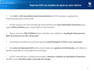 17
• Em 22/4, a 56ª Assembleia Geral Extraordinária da CCEE aprovou a captação de
financiamento para a Conta-ACR
• A CCEE assinou em 25/4 contrato de financiamento com dez instituições financeiras para
captar R$11,2 bilhões para a Conta-ACR em três tranches
• Desses recursos, R$4,7 bilhões foram utilizados para viabilizar a liquidação financeira do
MCP de fevereiro, em 28 e 29 de abril
• O contrato assinado com os bancos garante total blindagem à CCEE e seus associados
• Os custos da Operação-ACR serão concentrados nos agentes de distribuição, sem afetar os
demais associados e o mercado livre de energia
• A CCEE entende que a solução encontrada é robusta e viabiliza as liquidações financeiras
do MCP, o que beneficia todo o mercado de energia
Papel da CCEE nas medidas de apoio ao setor elétrico
 