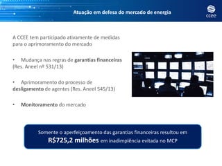 Atuação em defesa do mercado de energia
A CCEE tem participado ativamente de medidas
para o aprimoramento do mercado
• Mudança nas regras de garantias financeiras
(Res. Aneel nº 531/13)
• Aprimoramento do processo de
desligamento de agentes (Res. Aneel 545/13)
• Monitoramento do mercado
Somente o aperfeiçoamento das garantias financeiras resultou em
R$725,2 milhões em inadimplência evitada no MCP
 