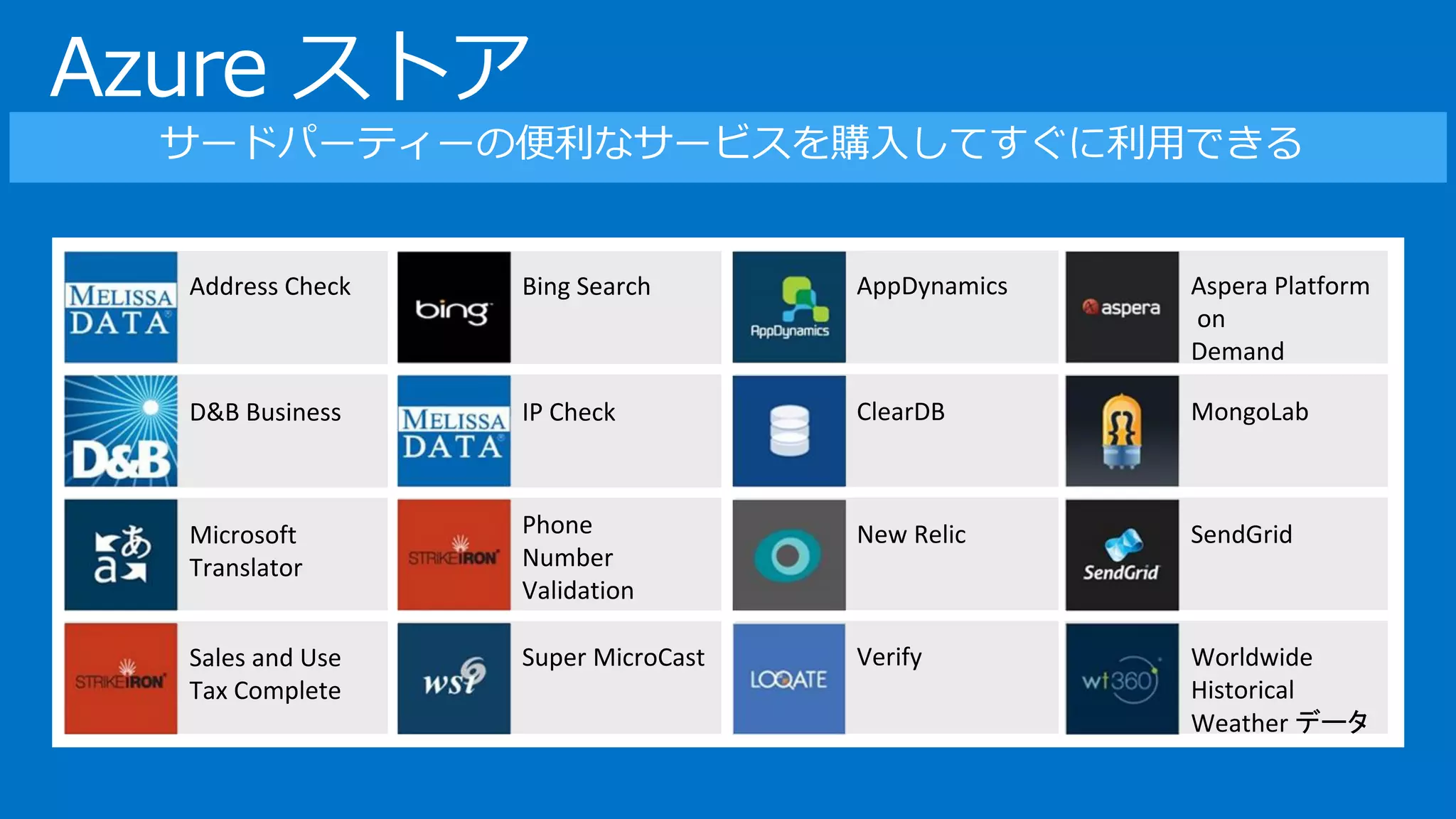 Azure ストア
Aspera Platform
on
Demand
MongoLab
SendGrid
Worldwide
Historical
Weather データ
Address Check
D&B Business
Microsoft
Translator
Sales and Use
Tax Complete
Bing Search
IP Check
Phone
Number
Validation
Super MicroCast
AppDynamics
ClearDB
New Relic
Verify
 