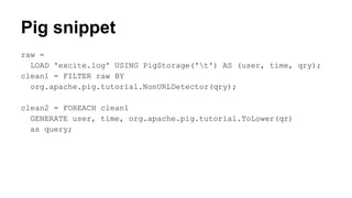 Pig snippet
raw =
LOAD 'excite.log' USING PigStorage('t') AS (user, time, qry);
clean1 = FILTER raw BY
org.apache.pig.tutorial.NonURLDetector(qry);
clean2 = FOREACH clean1
GENERATE user, time, org.apache.pig.tutorial.ToLower(qr)
as query;
 
