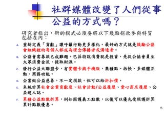 社群媒體改變了人們從事
公益的方式嗎？
研究者指出，新的模式必須要將以下幾點捐款參與特質
包括在內：
A. 重新定義「貢獻」讓呼籲行動更多樣化。最好的方式就是鼓勵公協
會組織裡的每個人都成為理念傳播者或溝通者。
B. 公協會需募款已成難題。巴菲特說消費就是投資，先從公協會員至
大眾消費金流，提取財源。
C. 發行公益大聯盟卡，有實體卡與手機版，集積點、拆帳、多媒體互
動、商務功能。
D. 企業做公益慈善，不一定捐款，但可以給折扣價。
E. 系統計算社會企業貢獻度、社會活動/公益履歷、愛心商店履歷、公
益達人誌。
F. 累積公益點數折算，例如照護義工點數，以後可以優先受照護折算
累計點數優惠。
15
 
