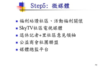 Step5: 微媒體
 福利站讚社區、活動福利關懷
 SkyTV社區電視媒體
 退休記者+里社區意見領袖
 公益商會社團聯盟
 媒體總監平台
29
 
