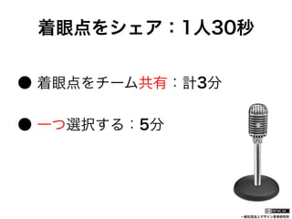 一般社団法人デザイン思考研究所
● 着眼点をチーム共有：計3分
● 一つ選択する：5分
着眼点をシェア：1人30秒
 