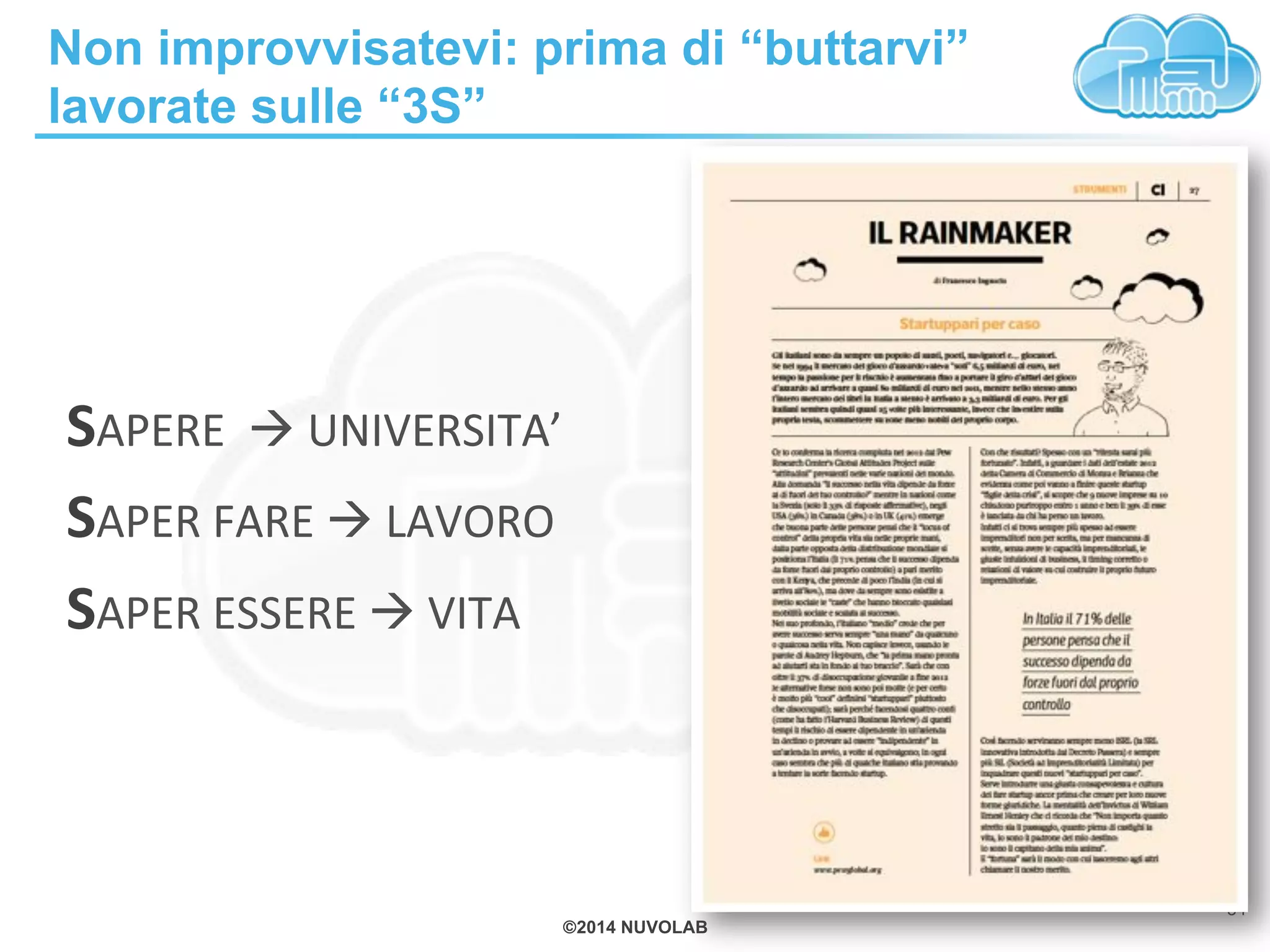 ©2014 NUVOLAB
Non improvvisatevi: prima di “buttarvi”
lavorate sulle “3S”
34
SAPERE!!!!UNIVERSITA’!
SAPER!FARE!!!LAVORO!
SAPER!ESSERE!!!VITA!
 