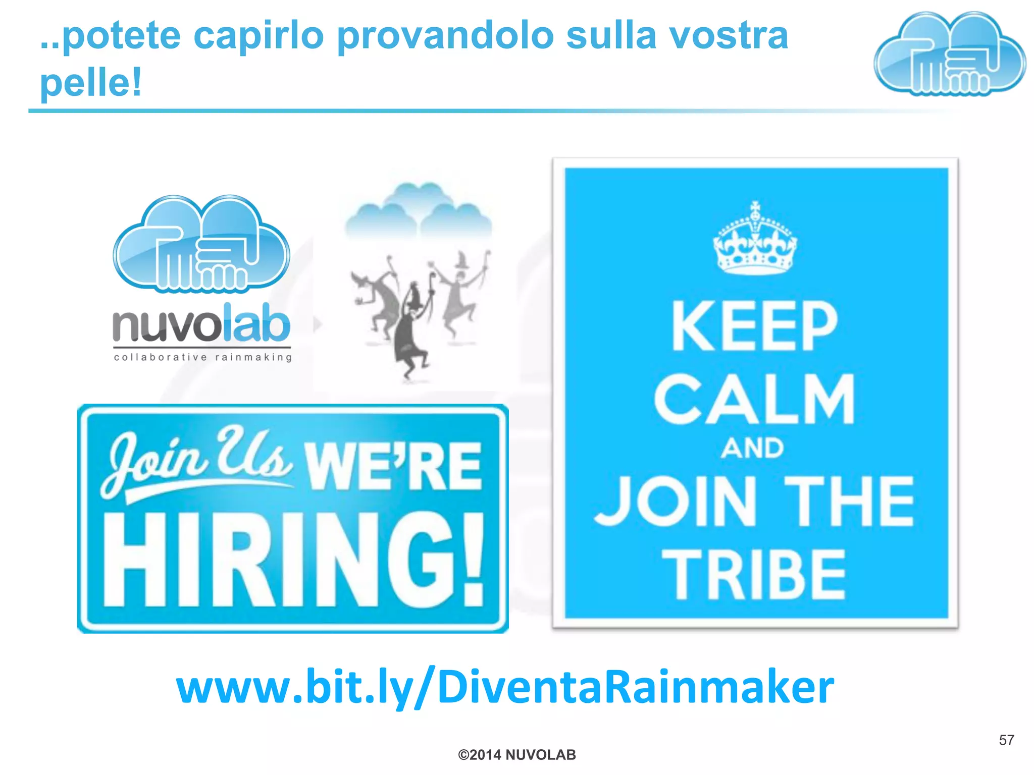 ©2014 NUVOLAB
..potete capirlo provandolo sulla vostra
pelle!
57
www.bit.ly/DiventaRainmaker4
 