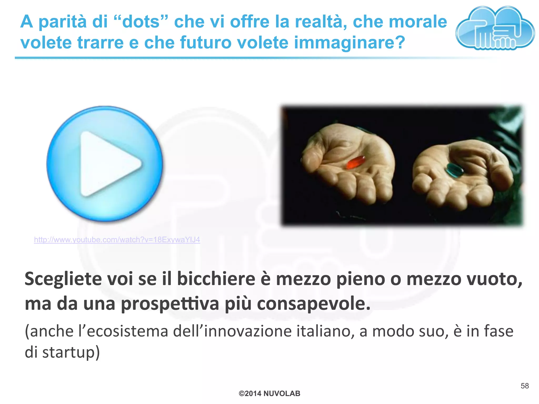 ©2014 NUVOLAB
A parità di “dots” che vi offre la realtà, che morale
volete trarre e che futuro volete immaginare?
Scegliete4voi4se4il4bicchiere4è4mezzo4pieno4o4mezzo4vuoto,4
ma4da4una4prospeGva4più4consapevole.4
(anche!l’ecosistema!dell’innovazione!italiano,!a!modo!suo,!è!in!fase!
di!startup)!
http://www.youtube.com/watch?v=18ExywaYlJ4
58
 
