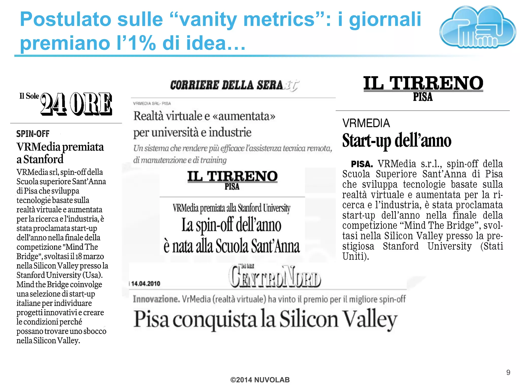©2014 NUVOLAB
Postulato sulle “vanity metrics”: i giornali
premiano l’1% di idea…
9
 
