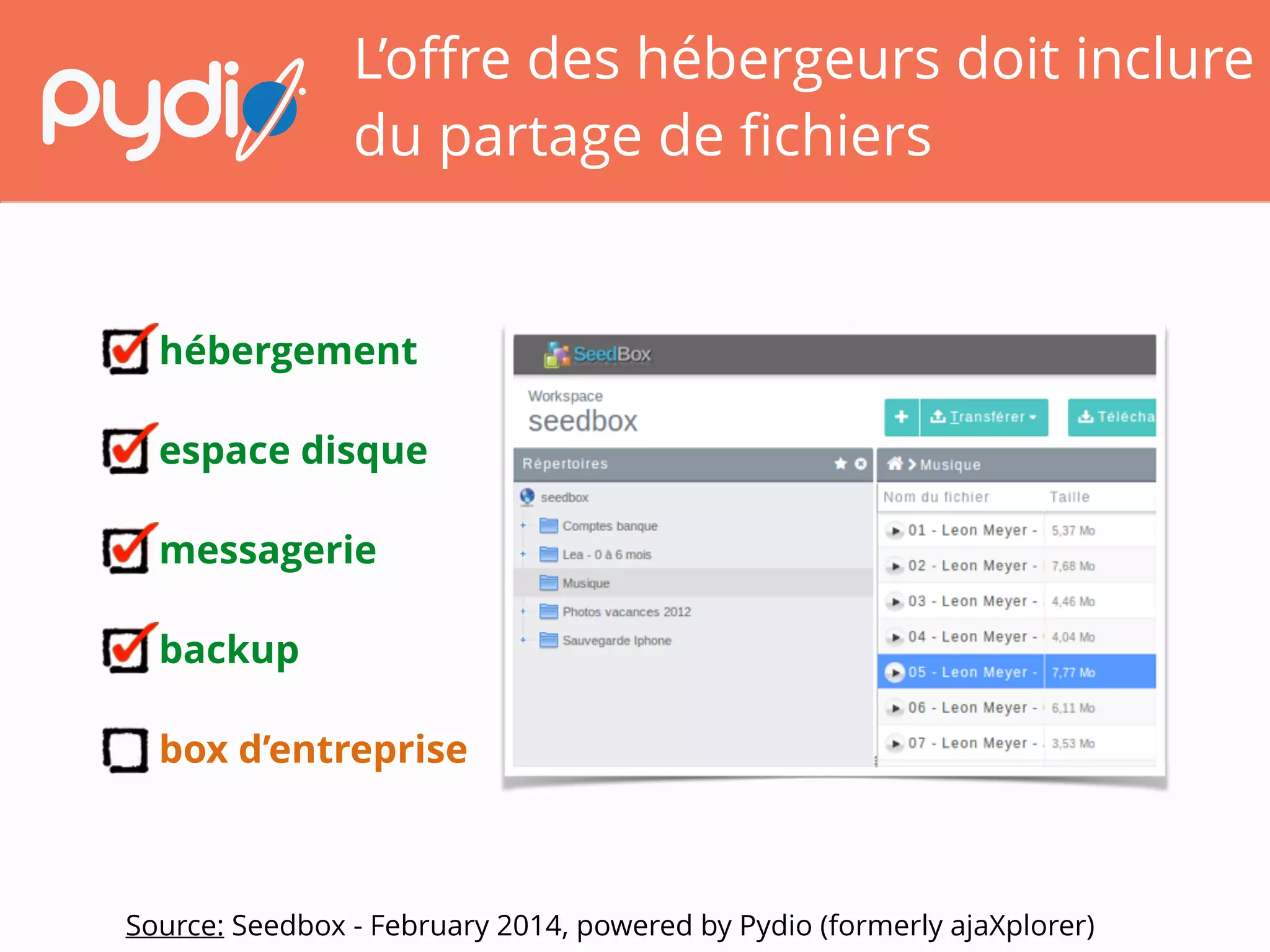 L’oﬀre des hébergeurs doit inclure
du partage de ﬁchiers
hébergement
espace disque
messagerie
backup
box d’entreprise
Source: Seedbox - February 2014, powered by Pydio (formerly ajaXplorer)
 