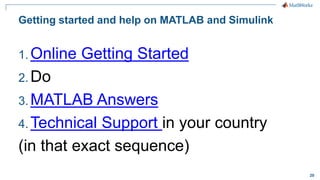 20
Getting started and help on MATLAB and Simulink
1. Online Getting Started
2. Do
3. MATLAB Answers
4. Technical Support in your country
(in that exact sequence)
 