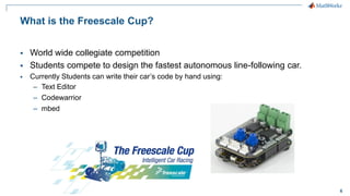 6
What is Freescale Cup?
 World wide collegiate competition
 Students compete to design the fastest autonomous line-following car.
 Currently Students can write their car’s code by hand using:
– Text Editor
– Codewarrior
– mbed
 