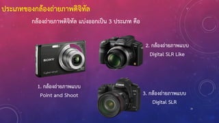 ประเภทของกล้องถ่ายภาพดิจิทัล
กล้องถ่ายภาพดิจิทัล แบ่งออกเป็น 3 ประเภท คือ
18
1. กล้องถ่ายภาพแบบ
Point and Shoot 3. กล้องถ่ายภาพแบบ
Digital SLR
2. กล้องถ่ายภาพแบบ
Digital SLR Like
 