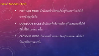 • PORTRAIT MODE เป็นโหมดที่กล้องจะเลือกรูรับแสงกว้างเพื่อให้
ฉากหลังหลุดโฟกัส
• LANDSCAPE MODE เป็นโหมดที่กล้องจะเลือกรูรับแสงแคบเพื่อให้
มีพื้นที่ชัดในภาพมากขึ้น
• CLOSE-UP MODE เป็นโหมดที่กล้องจะเลือกรูรับแสงแคบเพื่อให้มี
พื้นที่ชัดในภาพมากขึ้น
Basic Modes (1/2)
 