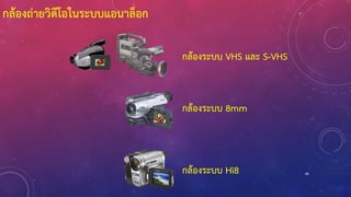 48
กล้องระบบ VHS และ S-VHS
กล้องระบบ 8mm
กล้องระบบ Hi8
กล้องถ่ายวิดีโอในระบบแอนาล็อก
 
