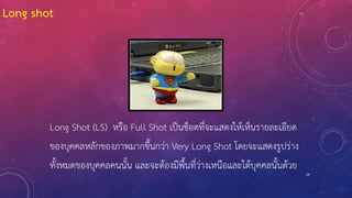 59
Long Shot (LS) หรือ Full Shot เป็นช็อตที่จะแสดงให้เห็นรายละเอียด
ของบุคคลหลักของภาพมากขึ้นกว่า Very Long Shot โดยจะแสดงรูปร่าง
ทั้งหมดของบุคคลคนนั้น และจะต้องมีพื้นที่ว่างเหนือและใต้บุคคลนั้นด้วย
Long shot
 