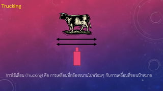76
Trucking
การใช้เลื่อน (Trucking) คือ การเคลื่อนที่กล้องขนานไปพร้อมๆ กับการเคลื่อนที่ของเป้าหมาย
 