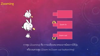 78
Zooming
การซูม (Zooming) คือ การเปลี่ยนขนาดของภาพโดยการใช้ปุ่ม
หรือวงแหวนซูม (Zoom in/Zoom out button/ring)
Zoom in
Zoom out
 