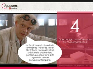 Quel budget consacrez-vous
à « l’hébergement » ?
Un éclair devrait atteindre le
sommet de l’hôtel de ville et
électrifier le câble à l’instant
précis ou le crochet fera
contact, projetant ainsi 2,21
Gigowatts dans le
convecteur temporel.
4
 