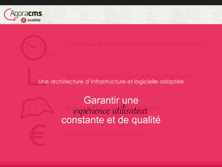 Quel est la tactique pour les atteindre ?
€
€€
€€€
Quel niveau de criticité à votre activité digitale à terme ?
Quels sont les objectifs à court et moyen/long terme ?
Quel est le budget alloué ?
€
Une architecture d’infrastructure et logicielle adaptée
Garantir une
expérience utilisateur
constante et de qualité
 