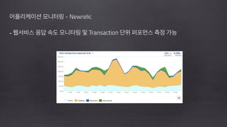 !
어플리케이션 모니터링 - Newrelic
!
- 웹서비스 응답 속도 모니터링 및 Transaction 단위 퍼포먼스 측정 가능
!
!
 