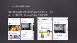 2013년 1월 모바일앱 출시
!
매일 아침 8:30분 전체 회원에게 2장 충전 알림 푸시 발송
2014년 4월 29일 기준 23,094,992 장 충전 발생
 