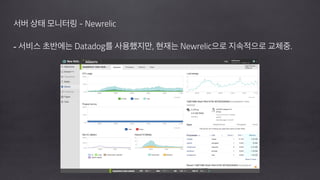 !
서버 상태 모니터링 - Newrelic
!
- 서비스 초반에는 Datadog를 사용했지만, 현재는 Newrelic으로 지속적으로 교체중.
!
!
 