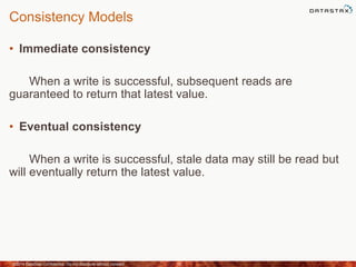 Consistency Models
• Immediate consistency
When a write is successful, subsequent reads are
guaranteed to return that latest value.
• Eventual consistency
When a write is successful, stale data may still be read but
will eventually return the latest value.
©2014 DataStax Confidential. Do not distribute without consent. 10
 