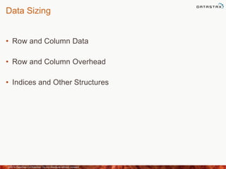 Data Sizing
• Row and Column Data
• Row and Column Overhead
• Indices and Other Structures
©2014 DataStax Confidential. Do not distribute without consent. 27
 