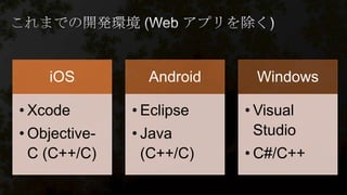 iOS
• Xcode
• Objective-
C (C++/C)
Android
• Eclipse
• Java
(C++/C)
Windows
• Visual
Studio
• C#/C++
 