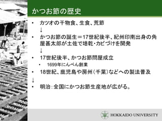かつお節の歴史
• カツオの干物食、生食、荒節
↓
• かつお節の誕生＝17世紀後半、紀州印南出身の角
屋甚太郎が土佐で培乾・カビづけを開発
↓
• 17世紀後半、かつお節問屋成立
• 1699年にんべん創業
• 18世紀、鹿児島や房州（千葉）などへの製法普及
↓
• 明治：全国にかつお節生産地が広がる。
 