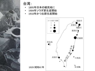 台湾：
• 1895年日本の植民地に
• 1904年ソウダ節生産開始
• 1910年かつお節生産開始
1929（昭和4）年
 