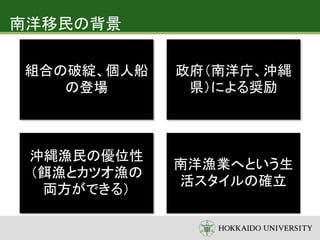 南洋移民の背景
組合の破綻、個人船
の登場
政府（南洋庁、沖縄
県）による奨励
沖縄漁民の優位性
（餌漁とカツオ漁の
両方ができる）
南洋漁業へという生
活スタイルの確立
 