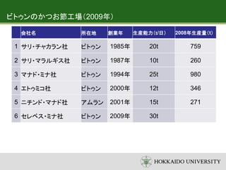 ビトゥンのかつお節工場（2009年）
会社名 所在地 創業年 生産能力（ｔ/日） 2008年生産量（t）
1 サリ・チャカラン社 ビトゥン 1985年 20t 759
2 サリ・マラルギス社 ビトゥン 1987年 10t 260
3 マナド・ミナ社 ビトゥン 1994年 25t 980
4 エトゥミコ社 ビトゥン 2000年 12t 346
5 ニチンド・マナド社 アムラン 2001年 15t 271
6 セレベス・ミナ社 ビトゥン 2009年 30t
 