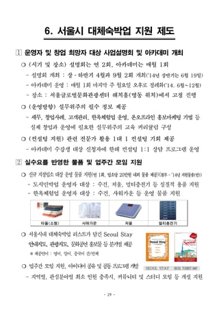 - 29 -
SEOUL STAY SEOUL TOURIST MAP
6. 서울시 대체숙박업 지원 제도
 운영자 및 창업 희망자 대상 사업설명회 및 아카데미 개최
❍ (시기 및 장소) 설명회는 연 2회, 아카데미는 매월 1회
- 설명회 개최 : 상․하반기 4월과 9월 2회 개최(‘14년 상반기는 6월 19일)
- 아카데미 운영 : 매월 1회 마지막 주 월요일 오후로 정례화(‘14. 6월~12월)
- 장소 : 서울글로벌문화관광센터 해치홀(명동 위치)에서 고정 진행
❍ (운영방향) 실무위주의 필수 정보 제공
- 세무, 창업사례, 고객관리, 한옥체험업 운영, 온오프라인 홍보마케팅 기법 등
실제 창업과 운영에 필요한 실무위주의 교육 커리큘럼 구성
❍ (컨설팅 지원) 관련 전문가 활용 1대 1 컨설팅 기회 제공
- 아카데미 수강생 대상 신청자에 한해 컨설팅 1:1 상담 프로그램 운영
 실수요를 반영한 물품 및 업주간 모임 지원
❍ 신규 지정업소 대상 운영 물품지원(연 1회, 업소당 20만원 내외 물품 제공)<첨부 - ‘14년 지원물품(안)>
- 도시민박업 운영자 대상 : 수건, 저울, 멀티충전기 등 실질적 용품 지원
- 한옥체험업 운영자 대상 : 수건, 샤워가운 등 운영 물품 지원
타올(소형) 샤워가운 저울 멀티충전기
❍ 서울시내 대체숙박업 리스트가 담긴 Seoul Stay
안내지도, 관광지도, 문화공연홍보물등분기별제공
※제공언어 : 영어, 일어, 중국어 간/번체
❍ 업주간 모임 지원, 아이디어공유및공동프로그램개발
- 지역별, 관심분야별 최소 인원 충족시, 커뮤니티 및 스터디 모임 등 개설 지원
 