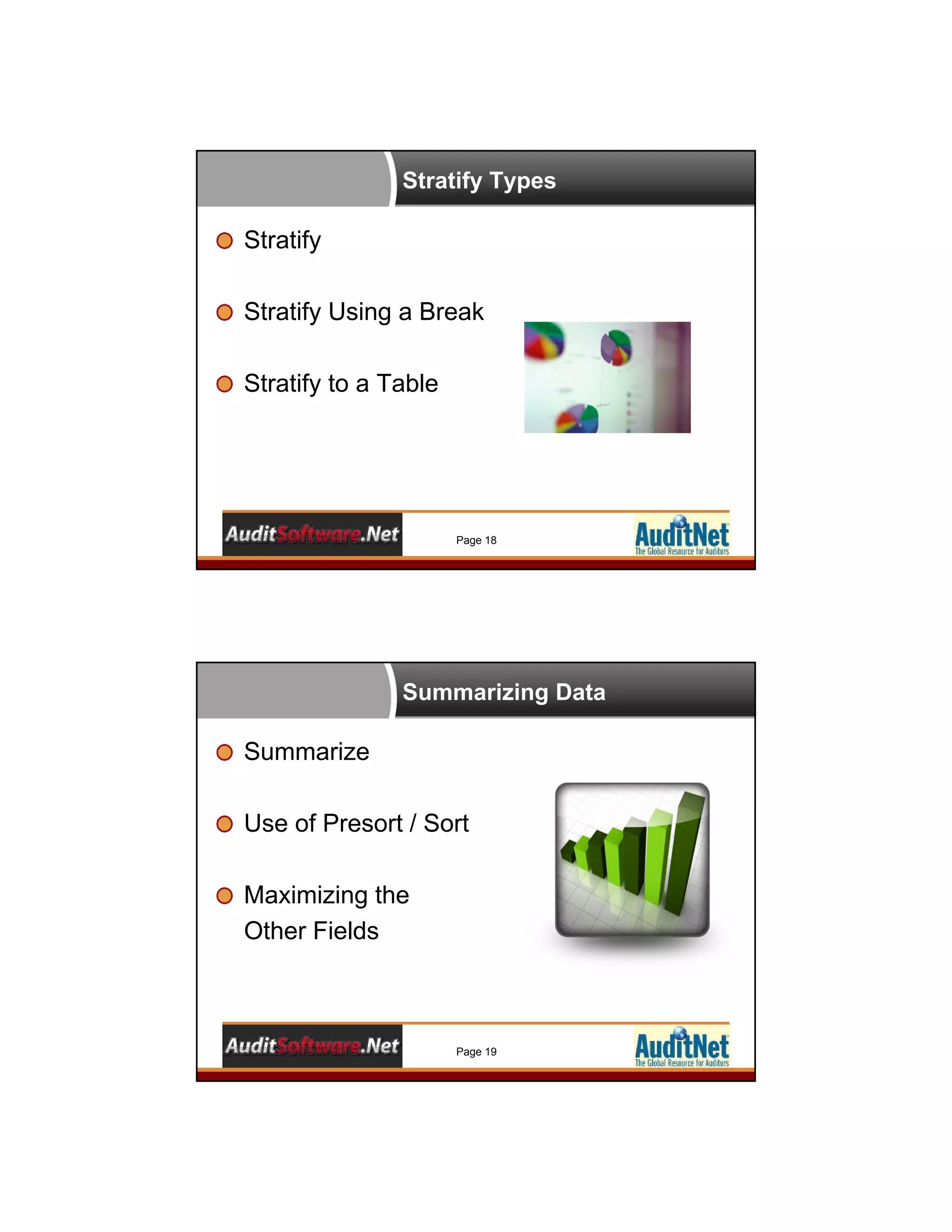 Stratify Types
Stratify
Stratify Using a Break
Stratify to a Table
Page 18
Summarizing Data
Summarize
Use of Presort / Sort
Maximizing the
Other Fields
Page 19
 