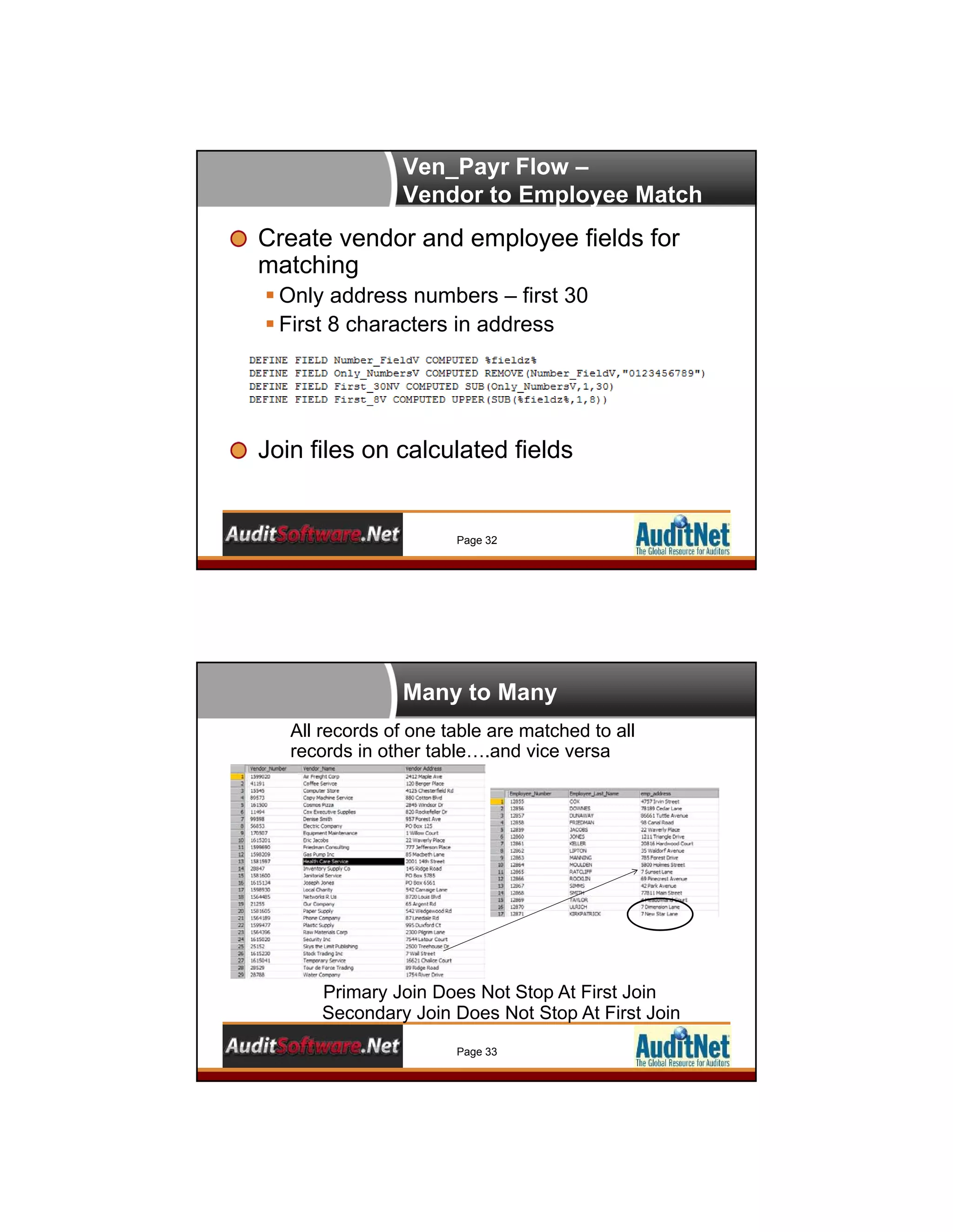 Ven_Payr Flow –
Vendor to Employee Match
Page 32
Create vendor and employee fields for
matching
 Only address numbers – first 30
 First 8 characters in address
Join files on calculated fields
Many to Many
Page 33
Primary Join Does Not Stop At First Join
Secondary Join Does Not Stop At First Join
All records of one table are matched to all
records in other table….and vice versa
 