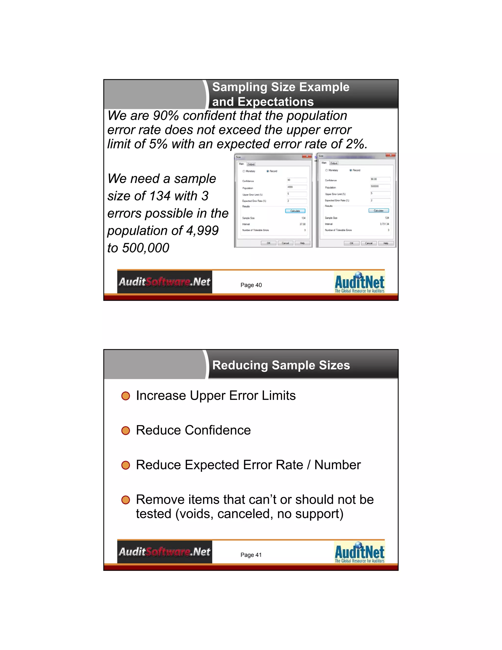 Sampling Size Example
and Expectations
Page 40
We are 90% confident that the population
error rate does not exceed the upper error
limit of 5% with an expected error rate of 2%.
We need a sample
size of 134 with 3
errors possible in the
population of 4,999
to 500,000
Reducing Sample Sizes
Page 41
Increase Upper Error Limits
Reduce Confidence
Reduce Expected Error Rate / Number
Remove items that can’t or should not be
tested (voids, canceled, no support)
 