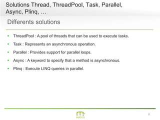 11
Solutions Thread, ThreadPool, Task, Parallel,
Async, Plinq, …
Differents solutions
 ThreadPool : A pool of threads that can be used to execute tasks.
 Task : Represents an asynchronous operation.
 Parallel : Provides support for parallel loops.
 Async : A keyword to specify that a method is asynchronous.
 Plinq : Execute LINQ queries in parallel.
 