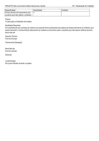 PROJETO Site e-commerce Sabor &amp;amp; Saude DT - Declaração de Trabalho
Especificação Quantidade Unidade
Prover serviço de treinamento aos
usuários que irão utilizar o software
1
Prazos
10 dias após a finalizaão dos testes
Qualidade Requirida
Um prodissional que conheça do sistema se possivel tenha participado das etapas de desenvolvimento do software que
possa transmitir o conhecimento relacioando ao sofware e-commerce para s usuários que irão operar sistema durante
asua vida util
Suporte Técnico
Fora do Escopo
Treinamento Desejado
Nivel Serviço
Fora do escopo
Garantia
Local Entrega
No Local indicado durante o projeto
 