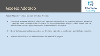 Modelo Adotado
Modelo Adotado: Torre de Controle e Pool de Recursos
❖ Estabelece, suporta e reforça os padrões para a gerência de projetos e funciona como auditoria. No caso de
LISARB tem papel fundamental por tratar-se de um país onde temos seus estados, cidades e municípios e a
auditoria funciona para garantir os padrões de gerenciamento de projetos.
❖ O escritório de projetos fica responsável por direcionar e garantir os padrões para que não haja retrabalho.
❖ Promove a contratação e o desenvolvimento dos gerentes de projetos.
 