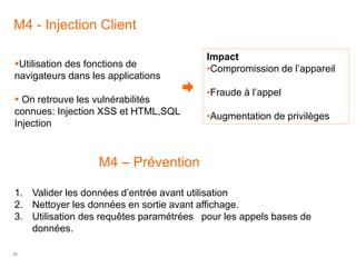 11
M4 - Injection Client
Impact
•Compromission de l’appareil
•Fraude à l’appel
•Augmentation de privilèges
Utilisation des fonctions de
navigateurs dans les applications
 On retrouve les vulnérabilités
connues: Injection XSS et HTML,SQL
Injection
M4 – Prévention
1. Valider les données d’entrée avant utilisation
2. Nettoyer les données en sortie avant affichage.
3. Utilisation des requêtes paramétrées pour les appels bases de
données.
 