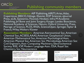 Publishing community members
Publishing Members: AIP Publishing,AIRITI,Aries,Atlas,
Copernicus, EBSCO, Editage, Elsevier, EDP Sciences, eJournal
Press, eLife, Epistemio, Flooved, Hindawi, Infra-M Academic
Publishing, Jnl Bone and Joint Surgery, Karger, Landes Bioscience,
National Academy of Sciences, Nature, Oxford University Press,
Peerage of Science, PLOS, RNAi, ScienceOpen, Springer,Taylor &
Francis,Wiley,Wolters Kluwer
Association Members: American Astronomical Soc,American
Chemical Soc,ACSESS,AAAS,American Geophysical Union,
American Mathematical Soc,American Psychological Assn,
American Physical Soc,American Soc Microbiology,American Soc
Civil Engineers,Assn Computing Machinery, Electrochemical
Society, IEEE, IOP, Modern Language Assn, OSA, Royal Soc
Chemistry, Soc Neuroscience
12
 