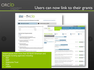 8
Users can now link to their grants
Import grants from more than 60 North American and
European funding agencies including:
•  NIH
•  NSF
•  Wellcome Trust
•  FDA
•  USDA
 
