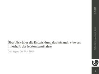 Steffen 
Hankiewicz, 
intranda 
GmbH 06.05.2014 
Überblick 
über 
die 
Entwicklung 
des 
intranda 
viewers 
innerhalb 
der 
letzten 
zwei 
Jahre 
Gö<ngen, 
06. 
Mai 
2014 
1 
 