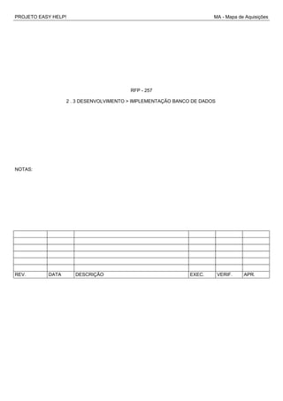 PROJETO EASY HELP! MA - Mapa de Aquisições
RFP - 257
2 . 3 DESENVOLVIMENTO > IMPLEMENTAÇÃO BANCO DE DADOS
NOTAS:
REV. DATA DESCRIÇÃO EXEC. VERIF. APR.
 