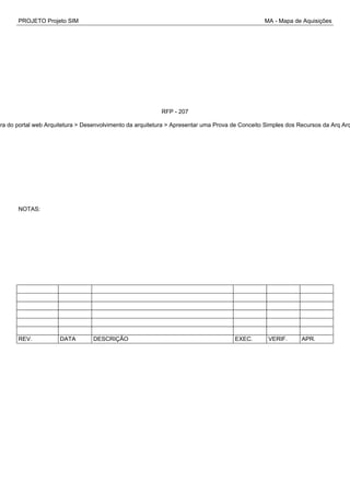 PROJETO Projeto SIM MA - Mapa de Aquisições
RFP - 207
ura do portal web Arquitetura > Desenvolvimento da arquitetura > Apresentar uma Prova de Conceito Simples dos Recursos da Arq Arq
NOTAS:
REV. DATA DESCRIÇÃO EXEC. VERIF. APR.
 