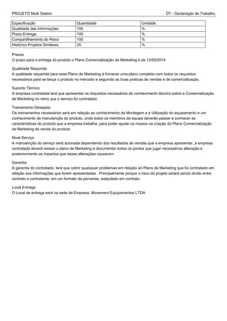 PROJETO Multi Station DT - Declaração de Trabalho
Especificação Quantidade Unidade
Qualidade das Informações 100 %
Prazo Entrega 100 %
Compartilhamento do Risco 100 %
Histórico Projetos Similares 25 %
Prazos
O prazo para a entrega do produto o Plano Comercialização de Marketing é de 12/05/2014
Qualidade Requirida
A qualidade requerida para esse Plano de Marketing é fornecer uma plano completo com todos os requisitos
necessários para se lança o produto no mercado e seguindo as boas praticas de vendas e de comercialização.
Suporte Técnico
A empresa contratada terá que apresentar os requisitos necessários de conhecimento técnico sobre a Comercialização
de Marketing no ramo que o serviço foi contratado.
Treinamento Desejado
Os treinamentos necessários será em relação ao conhecimento da Montagem e a Utilização do equipamento e um
conhecimento de manutenção do produto, onde todos os membros da equipe deverão passar e conhecer as
características do produto que a empresa trabalha, para poder ajudar os nossos na criação do Plano Comercialização
de Marketing de venda do produto.
Nivel Serviço
A manutenção do serviço será acionada dependendo dos resultados de vendas que a empresa apresentar, a empresa
contratada deverá revisar o plano de Marketing e documentar todos os pontos que jugar necessários alteração e
posteriormente os impactos que essas alterações causaram.
Garantia
A garantia do contratado, terá que cobrir quaisquer problemas em relação ao Plano de Marketing que foi contratado em
relação aos informações que foram apresentadas. Principalmente porque o risco do projeto estará sendo divido entre
contrato e contratante, em um formato de parcerias, estipulado em contrato.
Local Entrega
O Local de entrega será na sede da Empresa, Movement Equipamentos LTDA
 