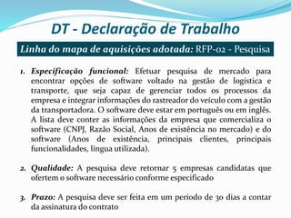 1. Especificação funcional: Efetuar pesquisa de mercado para
encontrar opções de software voltado na gestão de logística e
transporte, que seja capaz de gerenciar todos os processos da
empresa e integrar informações do rastreador do veículo com a gestão
da transportadora. O software deve estar em português ou em inglês.
A lista deve conter as informações da empresa que comercializa o
software (CNPJ, Razão Social, Anos de existência no mercado) e do
software (Anos de existência, principais clientes, principais
funcionalidades, língua utilizada).
2. Qualidade: A pesquisa deve retornar 5 empresas candidatas que
ofertem o software necessário conforme especificado
3. Prazo: A pesquisa deve ser feita em um período de 30 dias a contar
da assinatura do contrato
DT - Declaração de Trabalho
Linha do mapa de aquisições adotada: RFP-02 - Pesquisa
 
