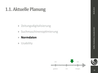 06.05.2014 
Steffen 
Hankiewicz, 
intranda 
GmbH 
1.1. 
Aktuelle 
Planung 
‣ Zeitungsdigitalisierung 
‣ SuchmaschinenopDmierung 
‣ Normdaten 
‣ Usability 
11 
2.0 3.0 
gestern 2.3 
morgen 
 