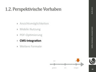 ‣ Ansichtsmöglichkeiten 
‣ Mobile 
Nutzung 
‣ PDF-­‐OpDmierung 
‣ CMS-­‐Integra8on 
‣ Weitere 
Formate 
06.05.2014 
Steffen 
Hankiewicz, 
intranda 
GmbH 
1.2. 
Perspektivische 
Vorhaben 
30 
2.0 3.0 
gestern 2.3 
morgen 
 